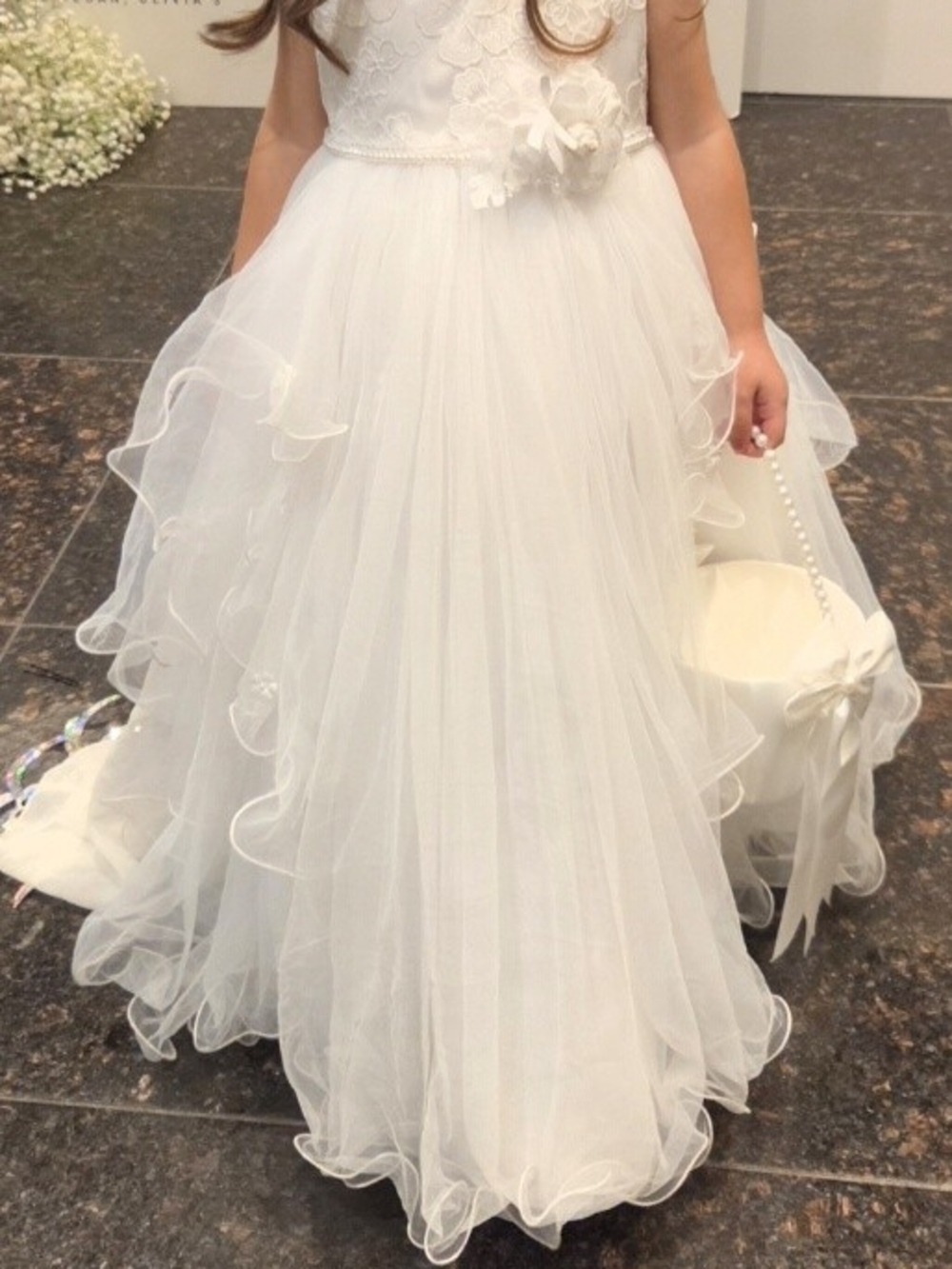 Girls White Floral Lace & Tulle Dress